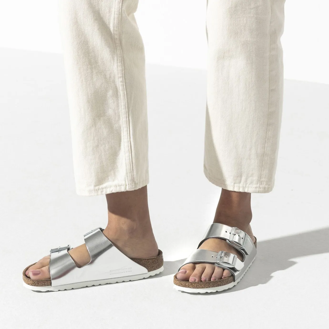Birkenstock Two-Strap Sandals<Arizona Soft Footbed Metallic Silver
