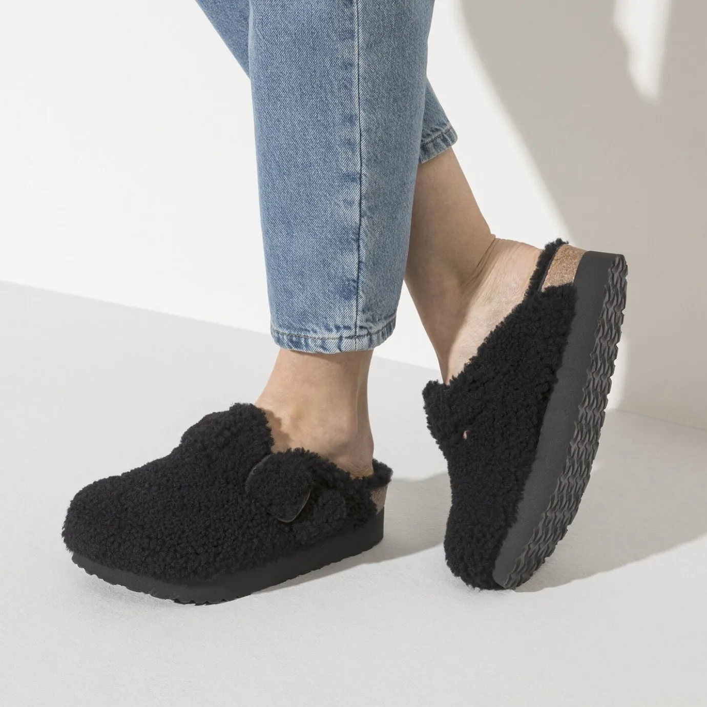 Birkenstock Platform<Boston Big Buckle Platform Teddy Black